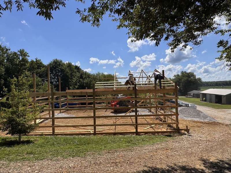 Workers framing pole barn walls and trusses