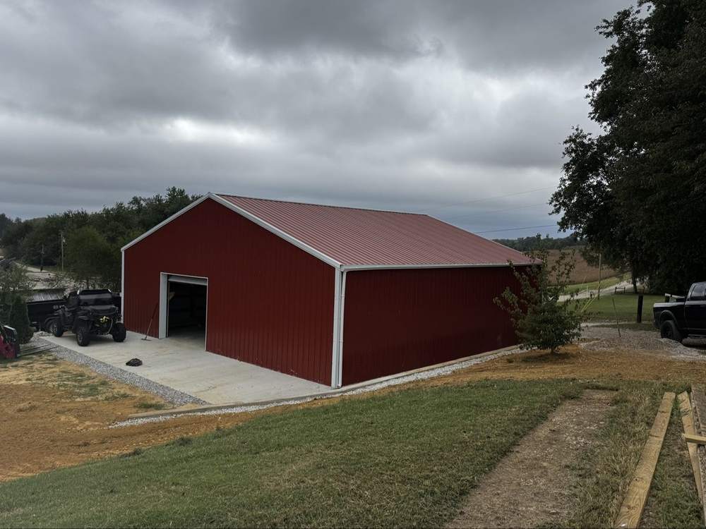 Finished red metal pole barn